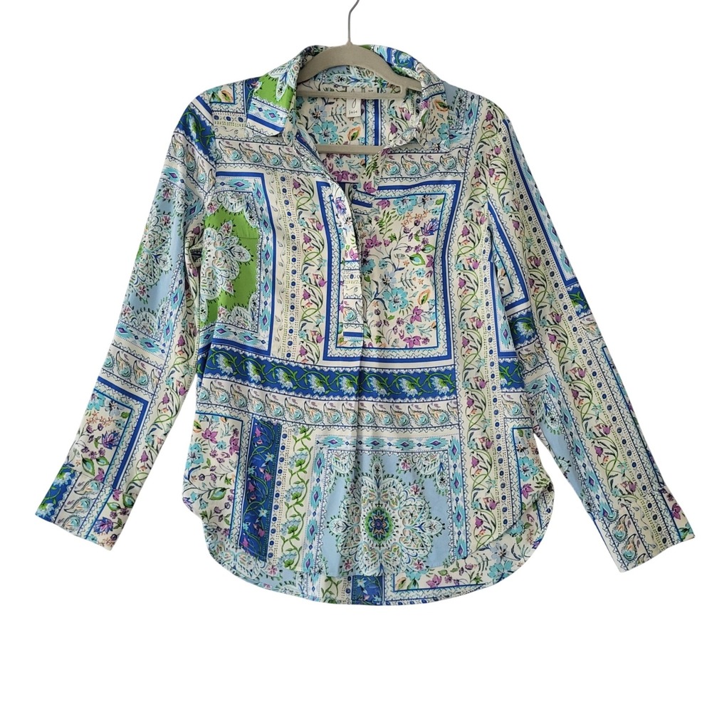 Joie Peasant Blouse Small Blue Paisley Green Boho Artsy Long Sleeve Lightweight